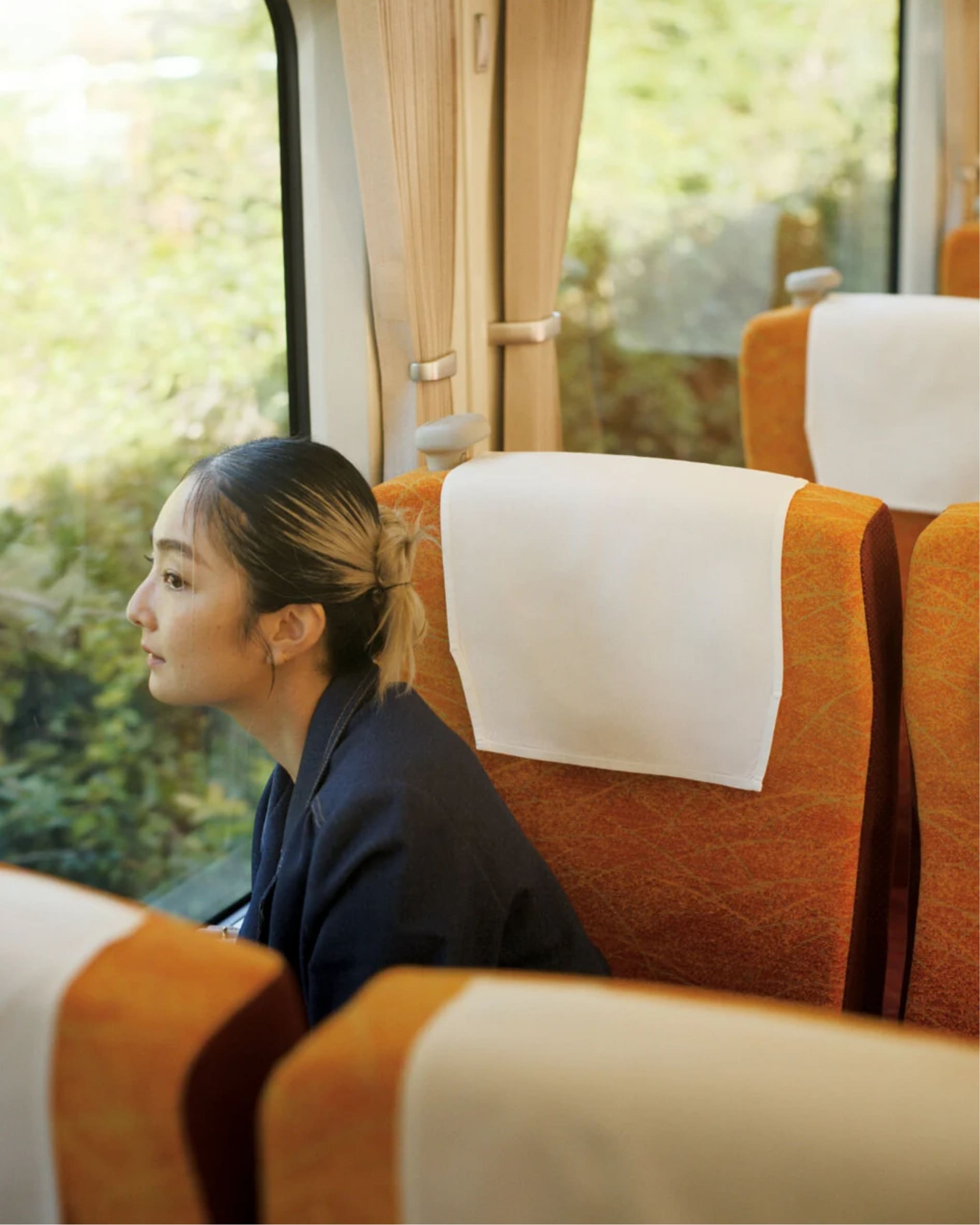 電車の車窓から飛騨の風景を眺めるmarieさん