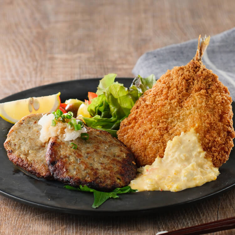 【山口県】レンチンするだけ！瀬付きあじフライとハンバーグセット(魚健) ※冷凍配送