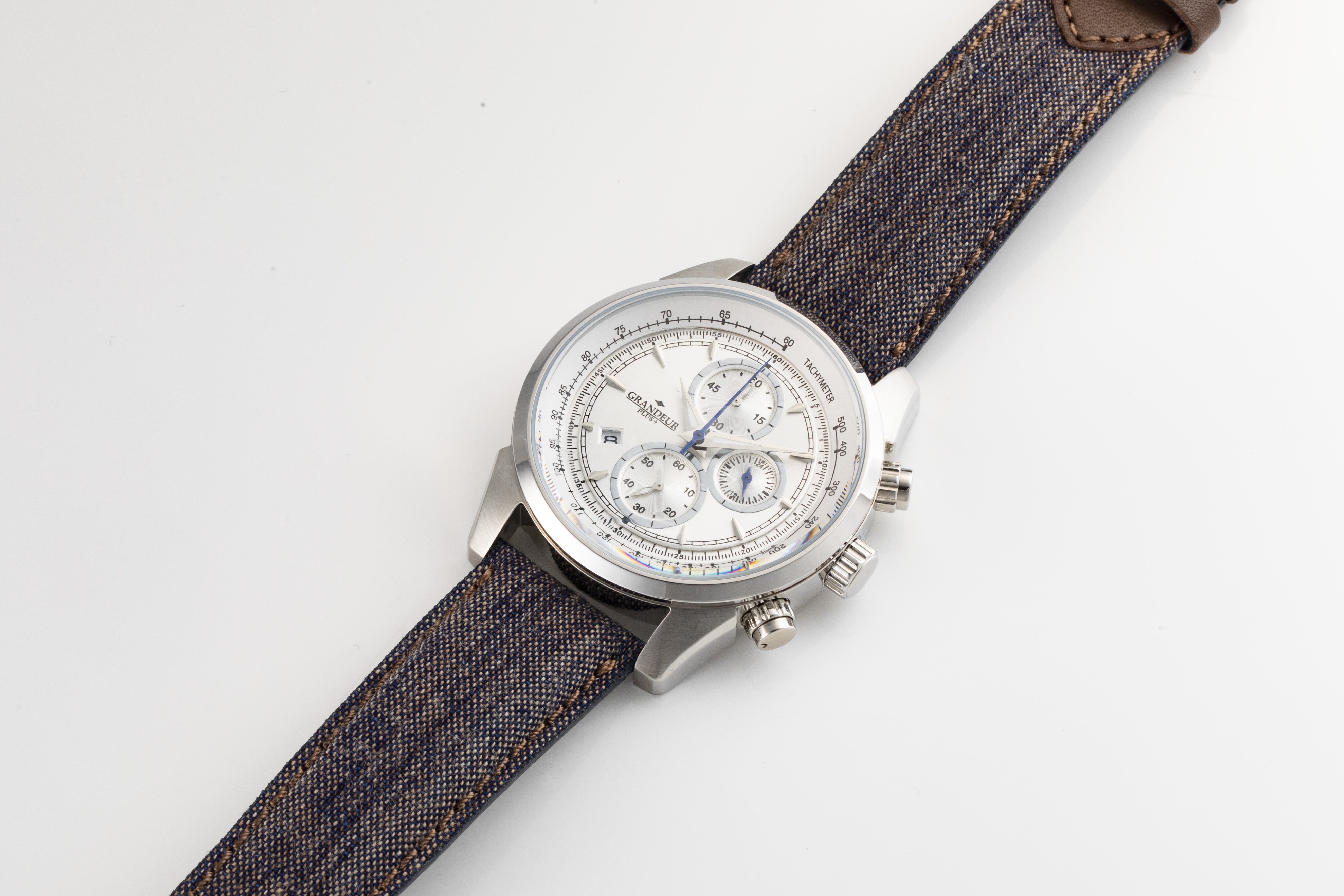 クロノグラフウォッチ　柿渋デニムシリーズ　10気圧防水　ホワイト　シルバー ホワイト