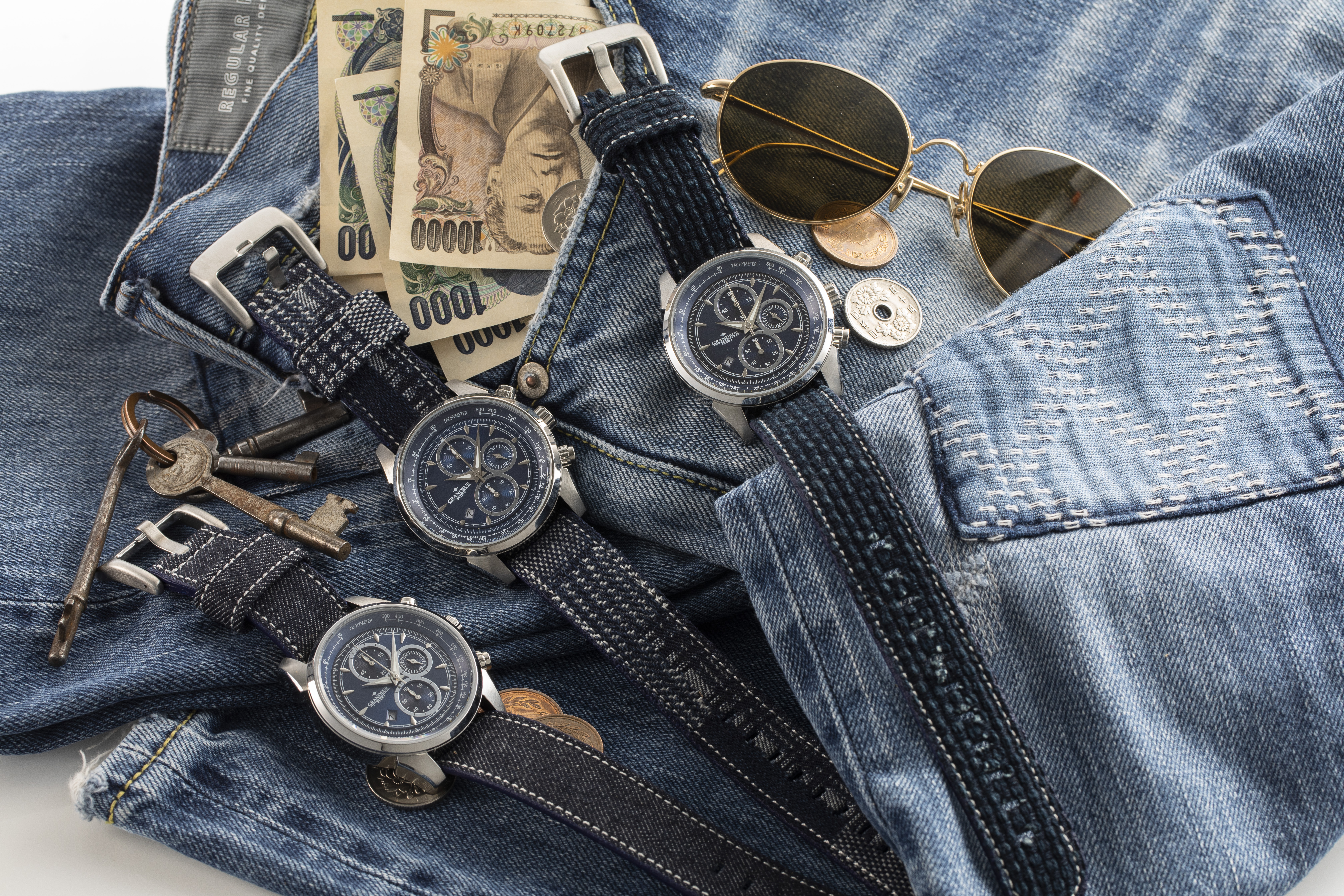 クロノグラフウォッチ　岡山デニムシリーズ　NATOバンド　ホワイトステッチ ホワイトステッチ