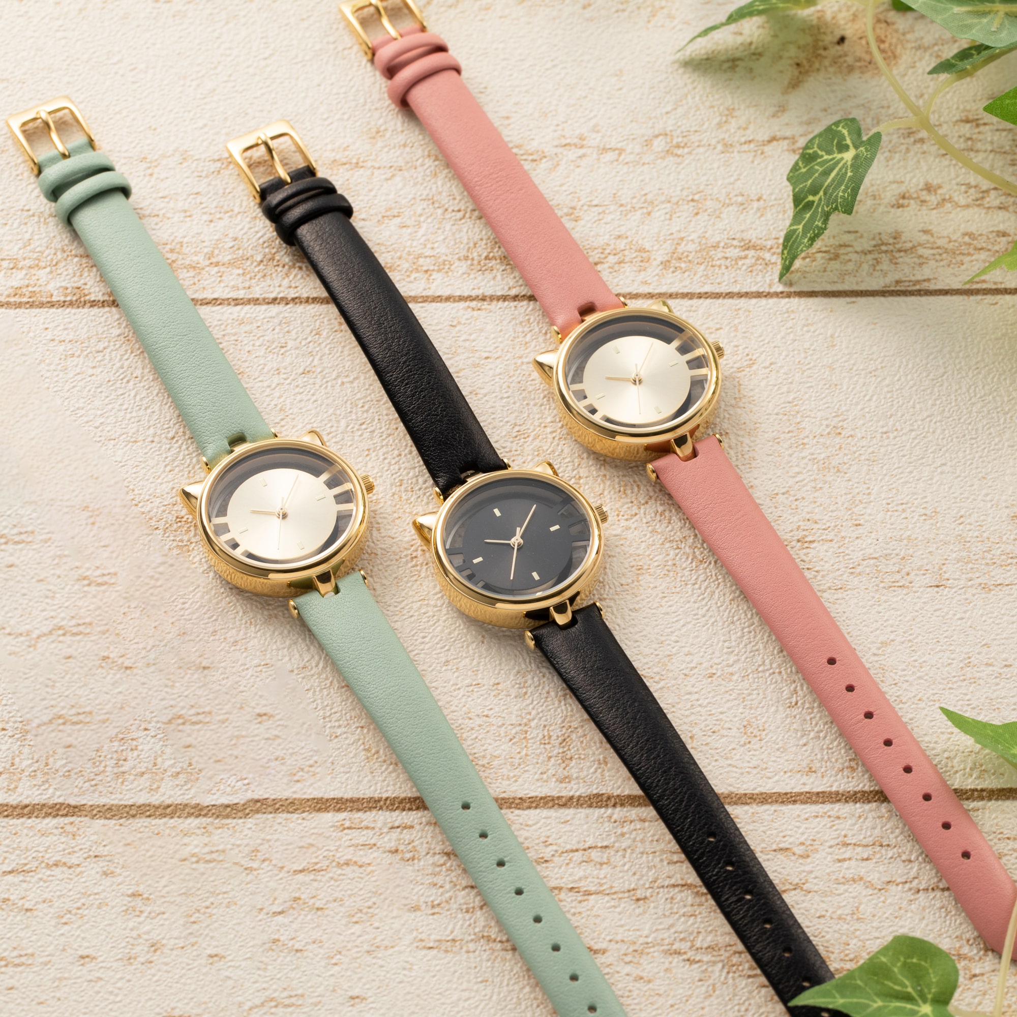 キャットウォッチ　牛本革　カーフレザーバンド　ブラックxゴールド ブラック