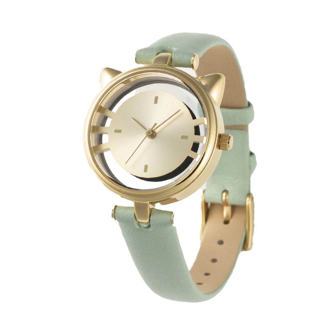 キャットウォッチ　牛本革　カーフレザーバンド　ミントグリーンxゴールド ミントグリーン