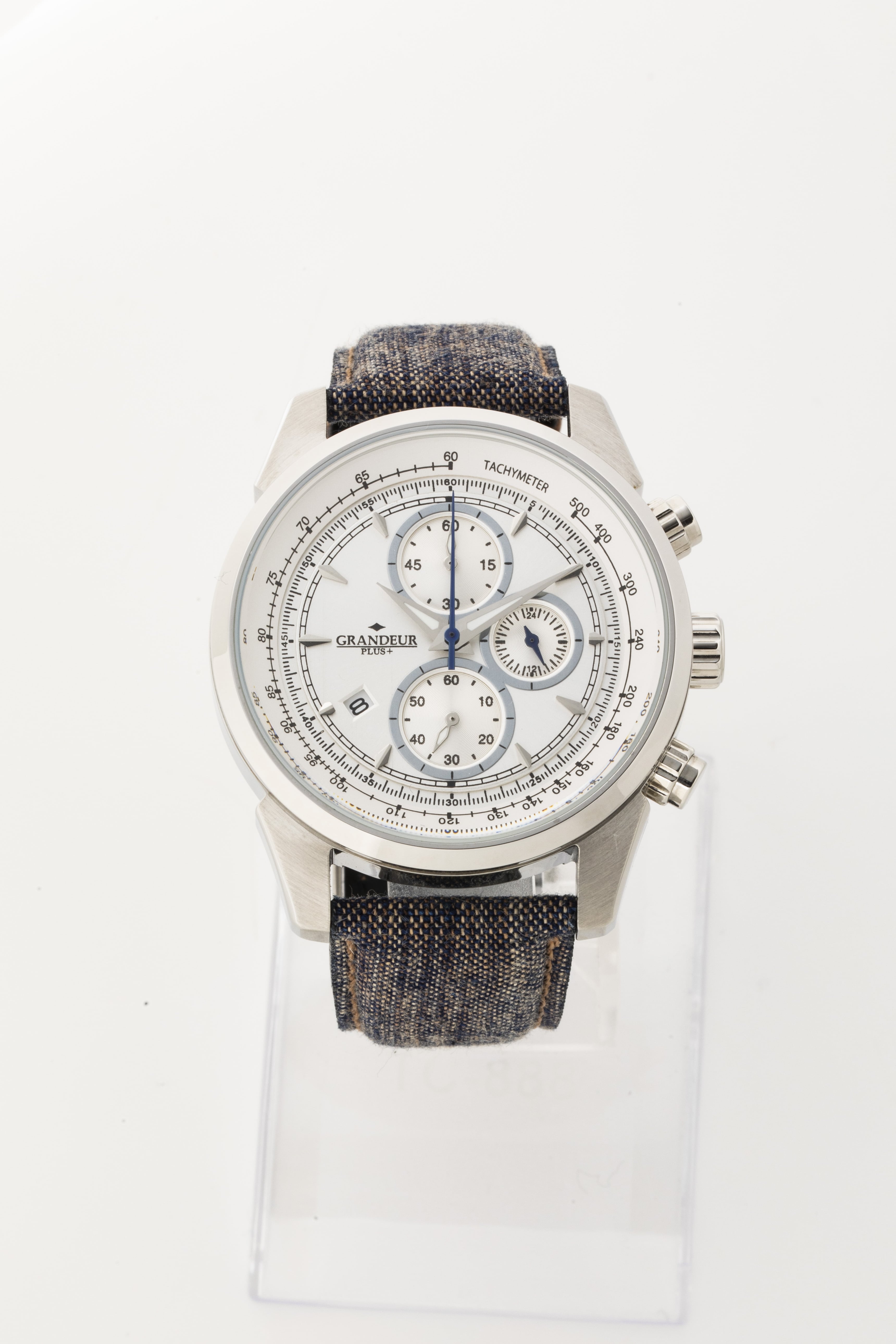 クロノグラフウォッチ　柿渋デニムシリーズ　10気圧防水　ホワイト　シルバー ホワイト