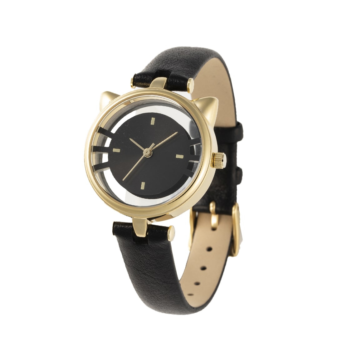 キャットウォッチ　牛本革　カーフレザーバンド　ブラックxゴールド