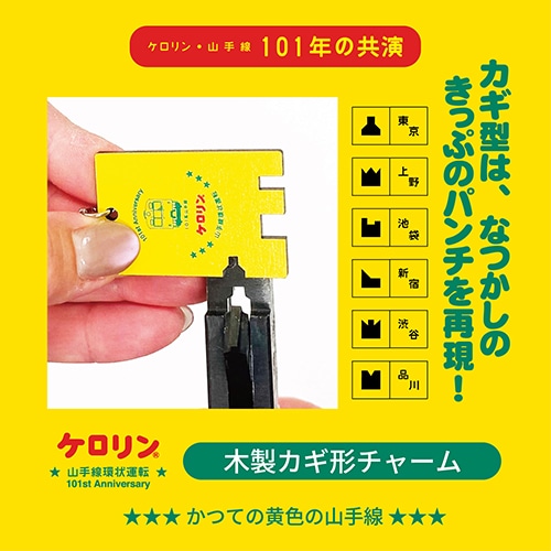 ケロリン・山手線環状運転101周年木製カギ形チャーム　品川駅パンチ型 品川駅パンチ型
