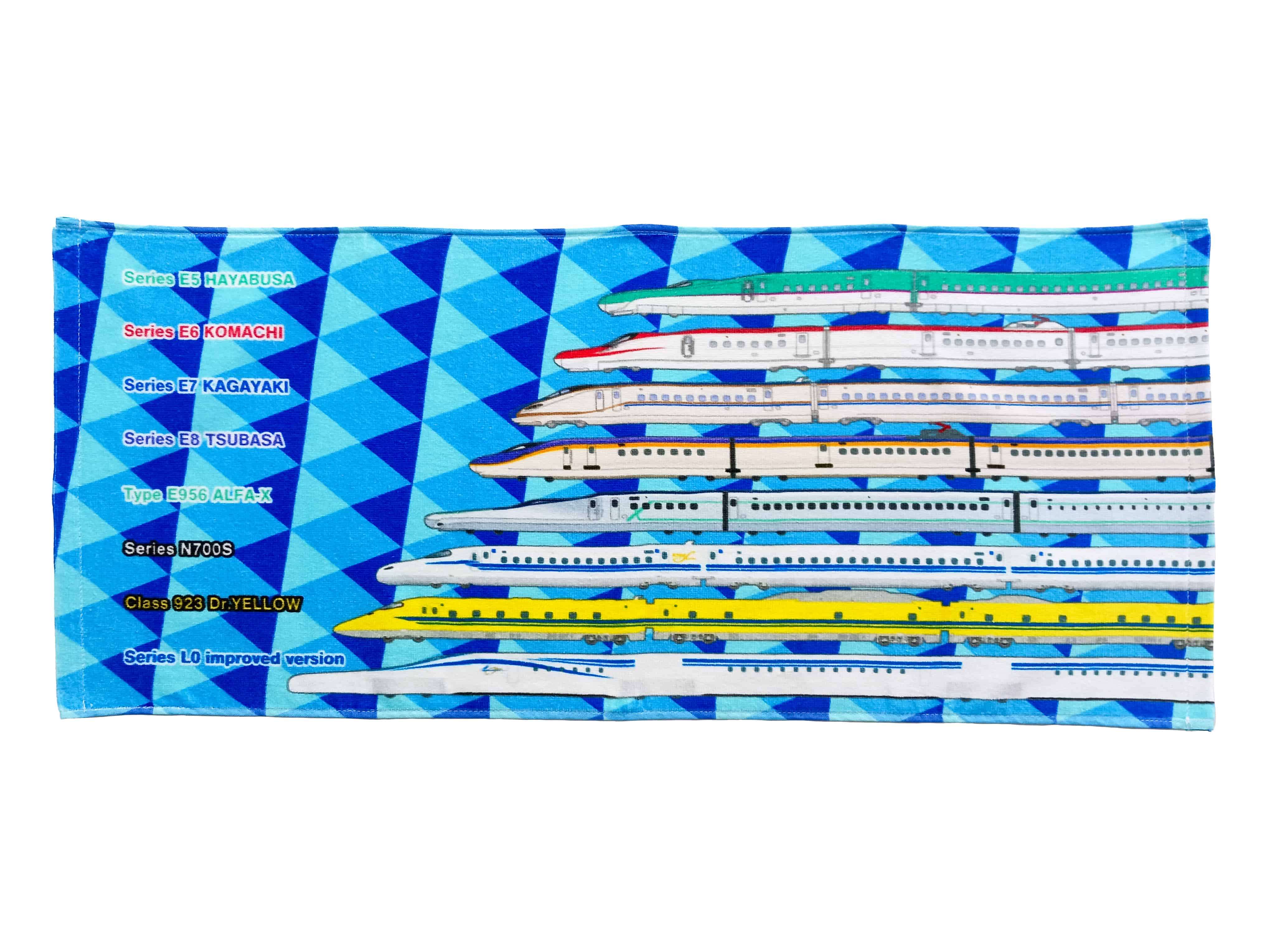 新幹線　8車両　フェイスタオル(N700Ｓ・ドクターイエロー・E5系・E6系・Ｅ７系・Ｅ8系ＡＬＦＡーＸ・超電導リニアＬ0系改良型試験車デザイン）