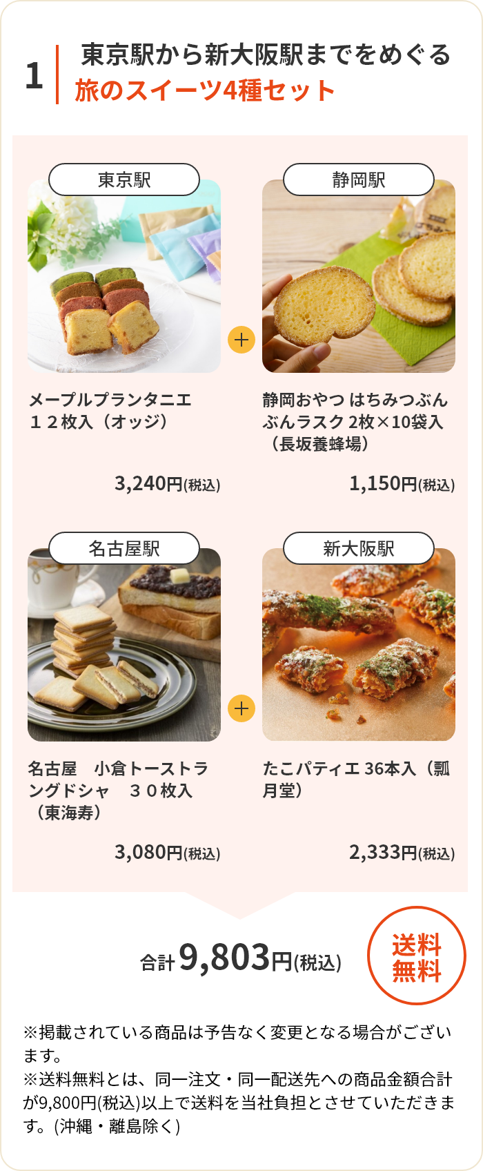 東京駅から新大阪駅までをめぐる旅のスイーツ4種セット